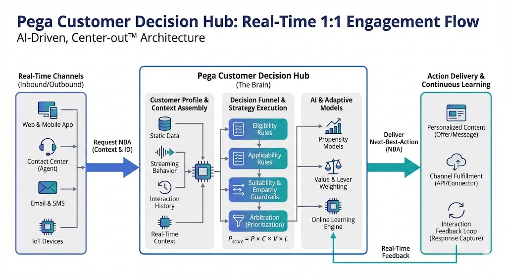 Diagram showing Pega Customer Decision Hub's real-time 1:1 engagement flow from channels to AI decisioning and action delivery